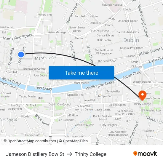 Jameson Distillery Bow St to Trinity College map