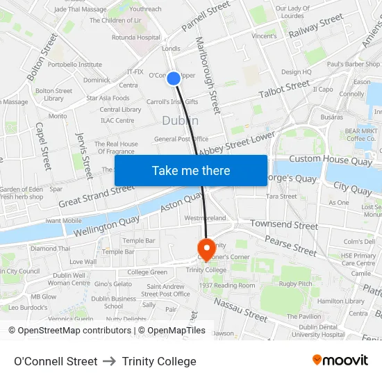 O'Connell Street to Trinity College map
