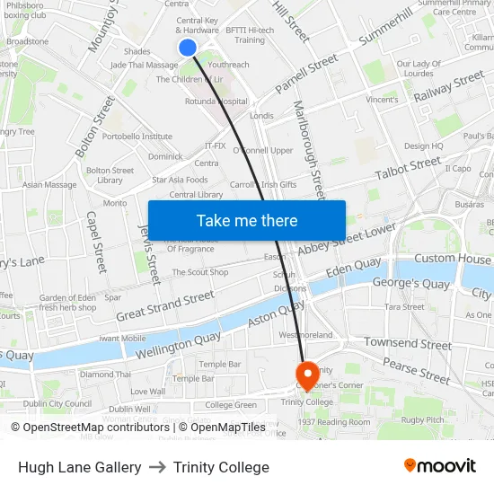 Hugh Lane Gallery to Trinity College map