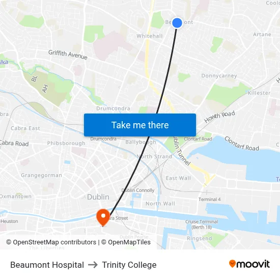 Beaumont Hospital to Trinity College map