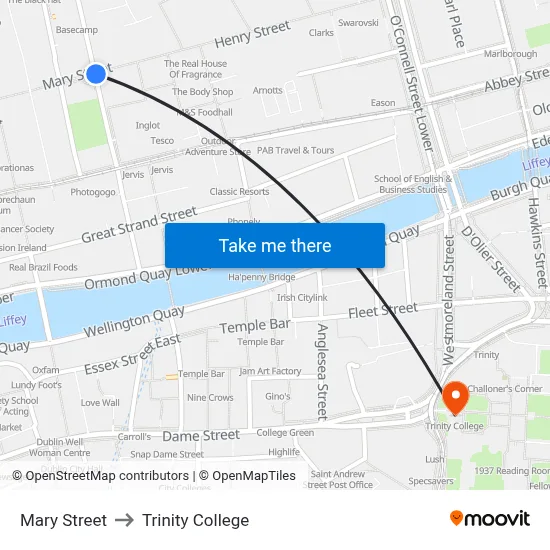 Mary Street to Trinity College map