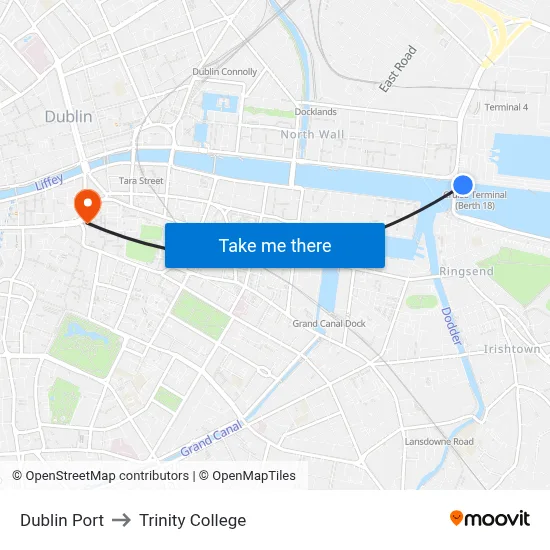 Dublin Port to Trinity College map