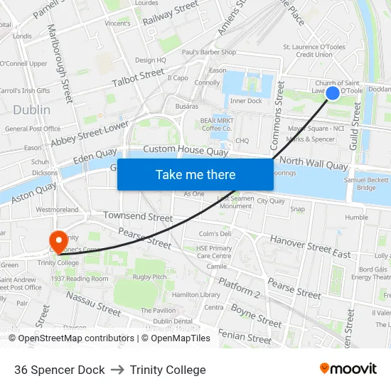 36 Spencer Dock to Trinity College map