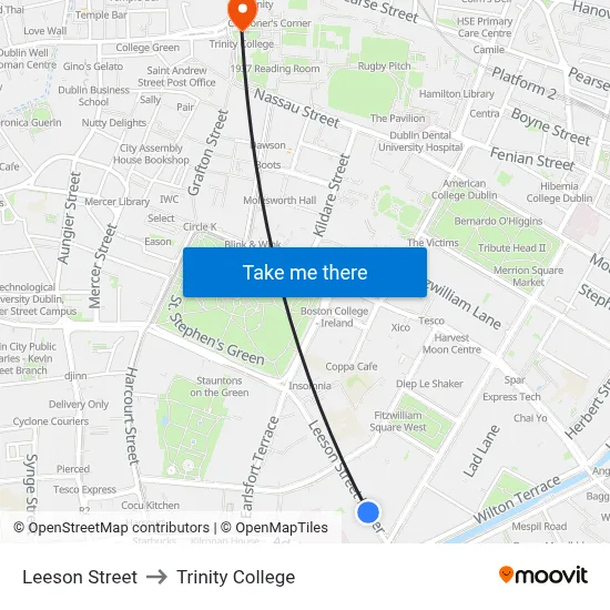Leeson Street to Trinity College map