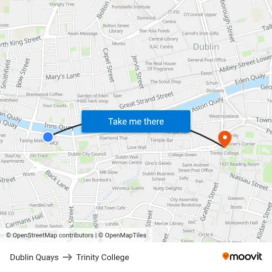 Dublin Quays to Trinity College map