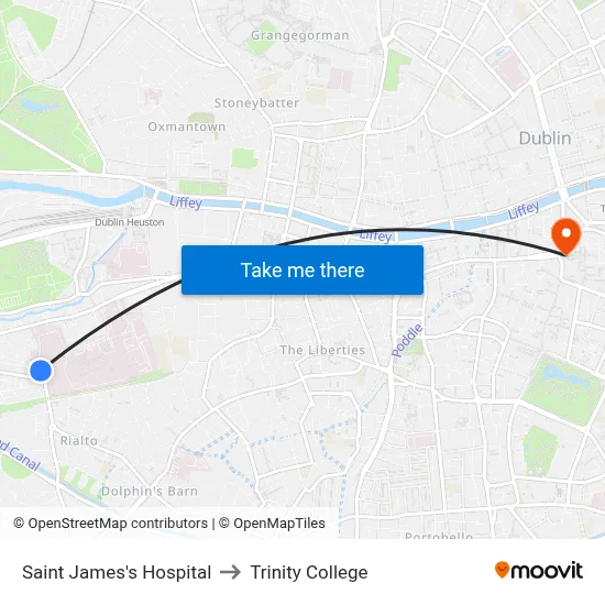 Saint James's Hospital to Trinity College map