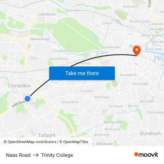 Naas Road to Trinity College map