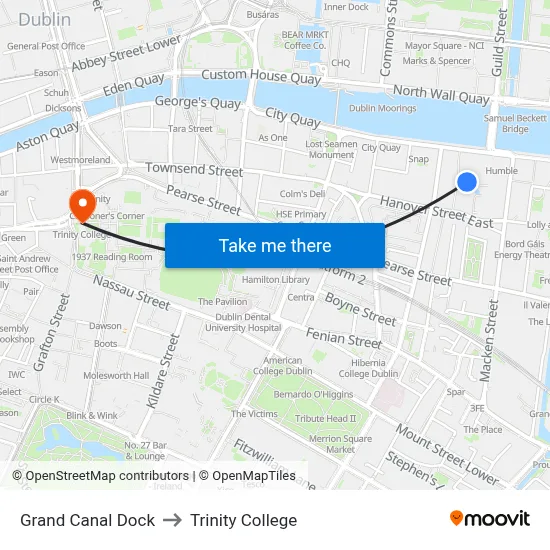 Grand Canal Dock to Trinity College map