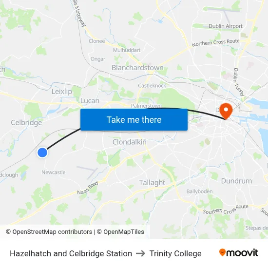 Hazelhatch and Celbridge Station to Trinity College map