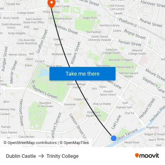 Dublin Castle to Trinity College map