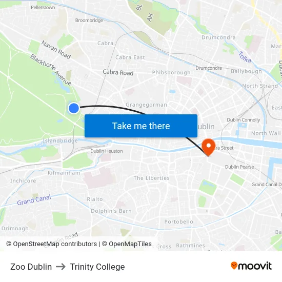 Zoo Dublin to Trinity College map
