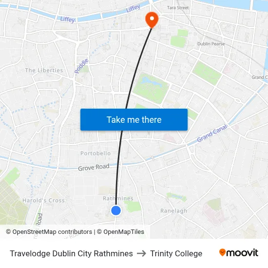Travelodge Dublin City Rathmines to Trinity College map