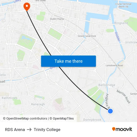 RDS Arena to Trinity College map