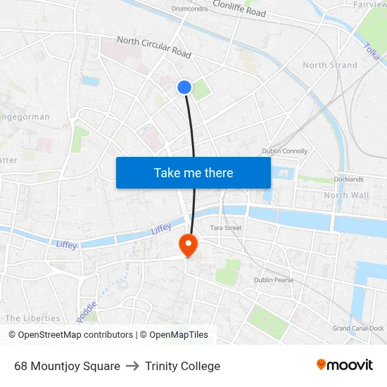 68 Mountjoy Square to Trinity College map