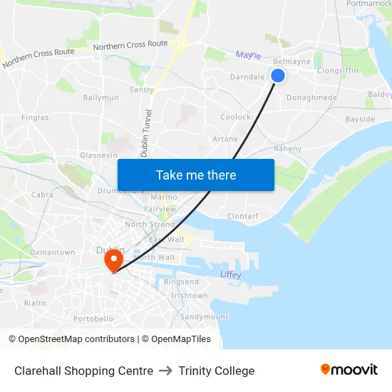 Clarehall Shopping Centre to Trinity College map