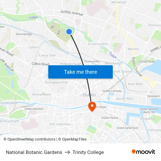 National Botanic Gardens to Trinity College map