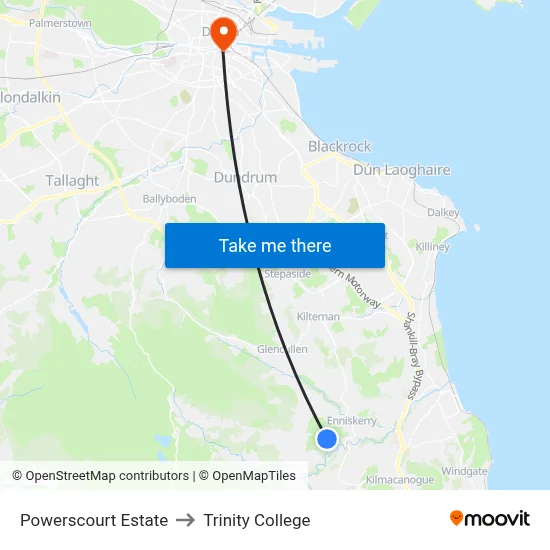 Powerscourt Estate to Trinity College map