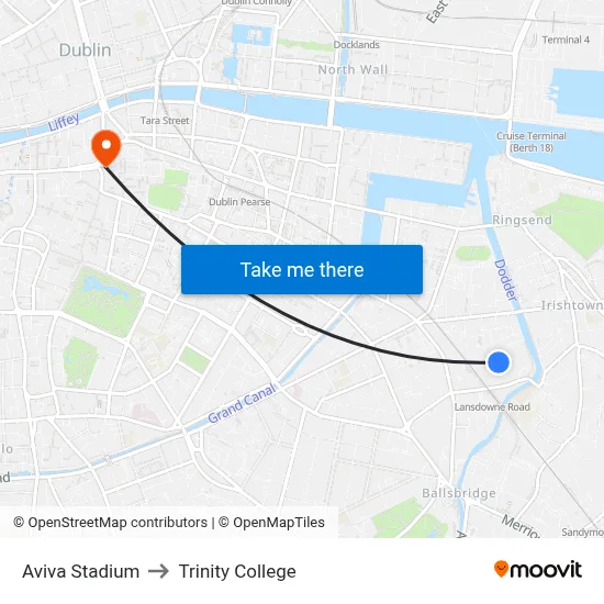 Aviva Stadium to Trinity College map
