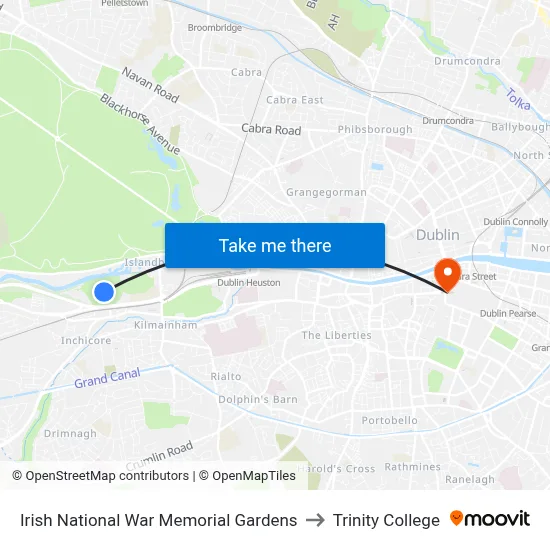 Irish National War Memorial Gardens to Trinity College map