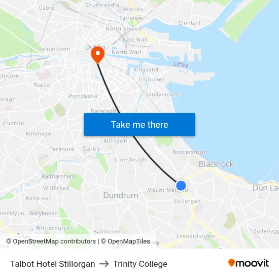 Talbot Hotel Stillorgan to Trinity College map