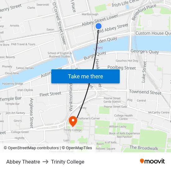 Abbey Theatre to Trinity College map