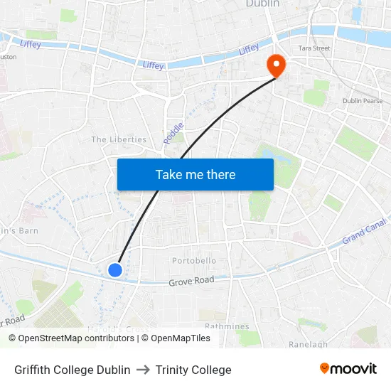 Griffith College Dublin to Trinity College map