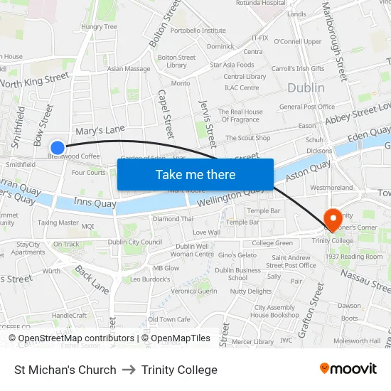 St Michan's Church to Trinity College map