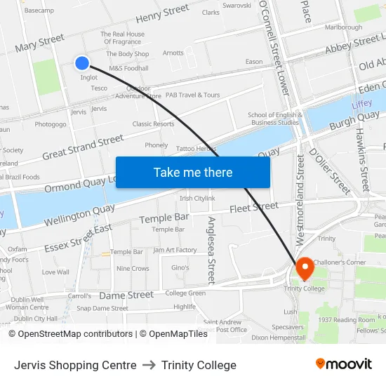 Jervis Shopping Centre to Trinity College map