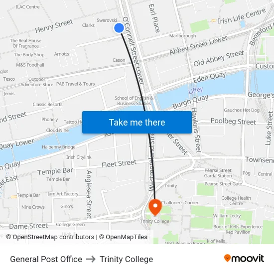 General Post Office to Trinity College map