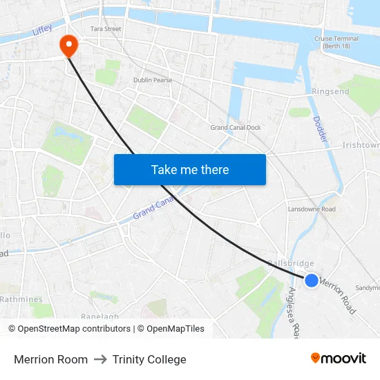 Merrion Room to Trinity College map