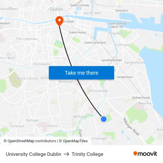 University College Dublin, Complex And Adaptive Systems Laboratory to Trinity College map