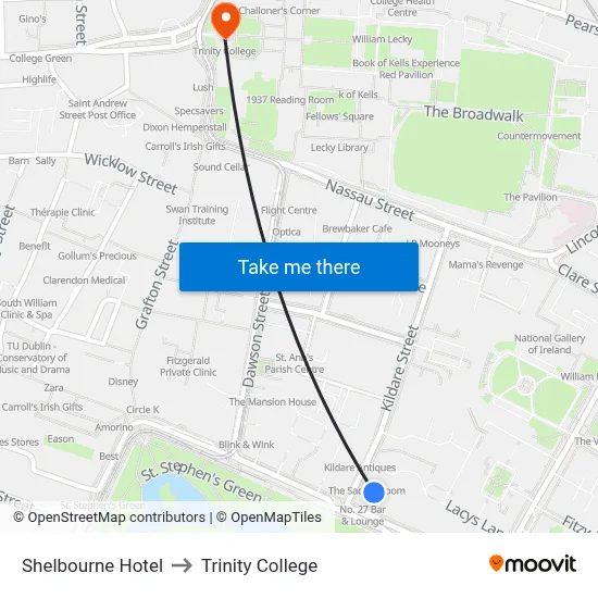 Shelbourne Hotel to Trinity College map