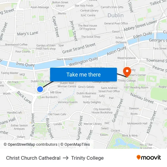 Christ Church Cathedral to Trinity College map