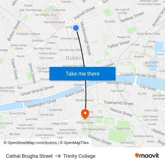 Cathal Brugha Street to Trinity College map
