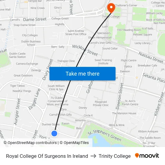 Royal College Of Surgeons In Ireland to Trinity College map