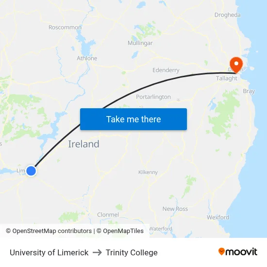 University of Limerick to Trinity College map