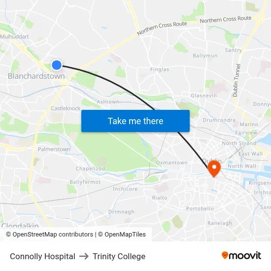 Connolly Hospital to Trinity College map