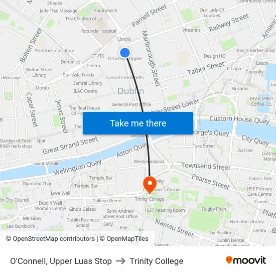 O'Connell, Upper Luas Stop to Trinity College map