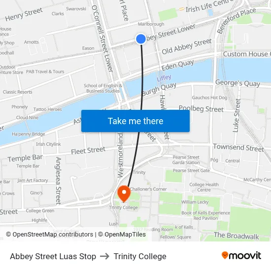 Abbey Street Luas Stop to Trinity College map