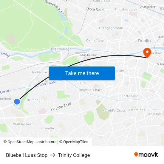 Bluebell Luas Stop to Trinity College map
