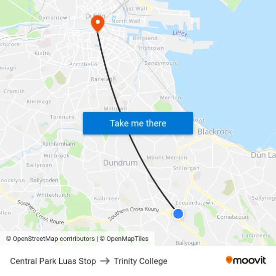 Central Park Luas Stop to Trinity College map