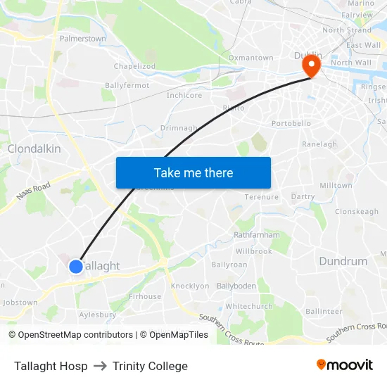 Tallaght Hosp to Trinity College map