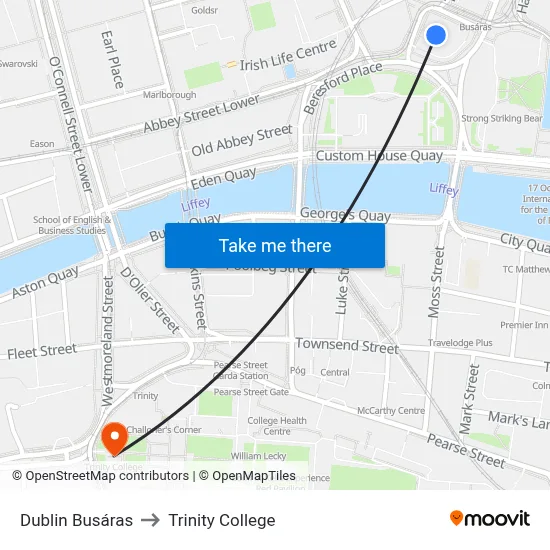 Dublin Busáras to Trinity College map
