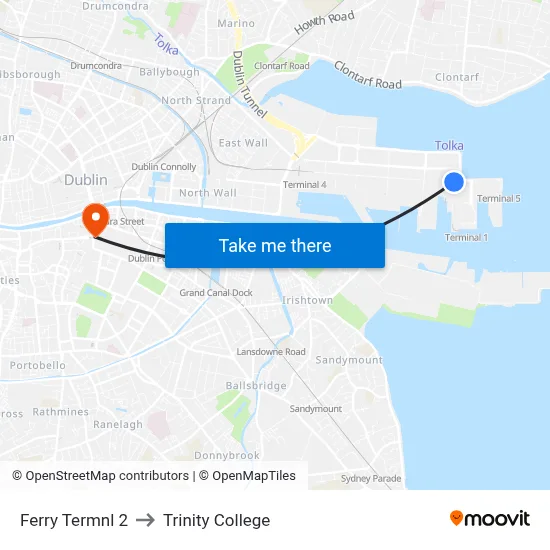 Ferry Termnl 2 to Trinity College map
