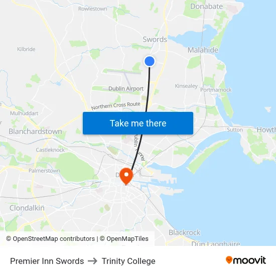 Premier Inn Swords to Trinity College map