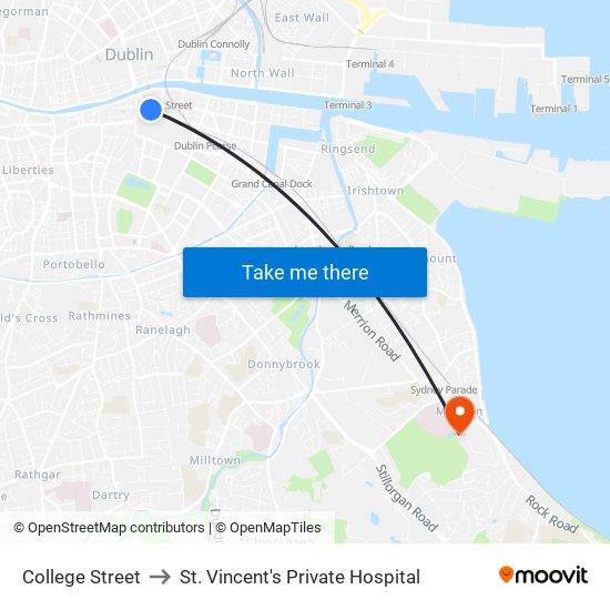 College Street to St. Vincent's Private Hospital map