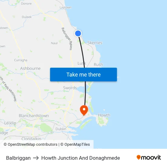 Balbriggan to Howth Junction And Donaghmede map