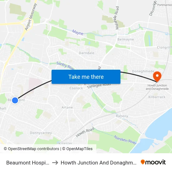 Beaumont Hospital to Howth Junction And Donaghmede map