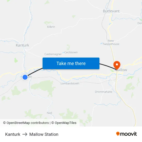 Kanturk to Mallow Station map