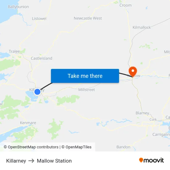 Killarney to Mallow Station map